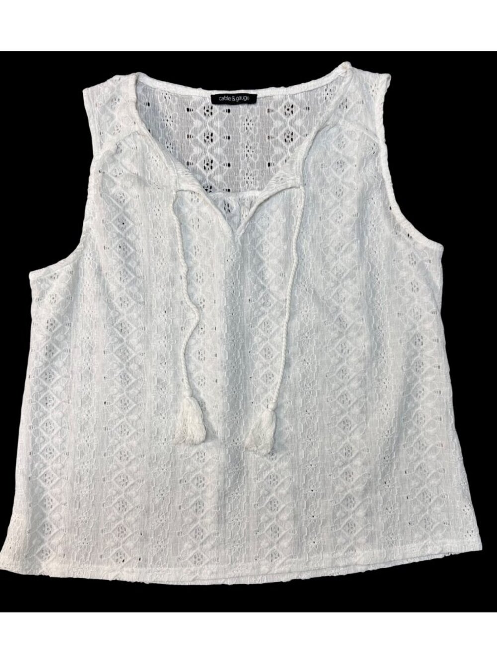 Cable & Gauge White Sleeveless Eyelet Knit Tank Top With Tassel Tie Neckline